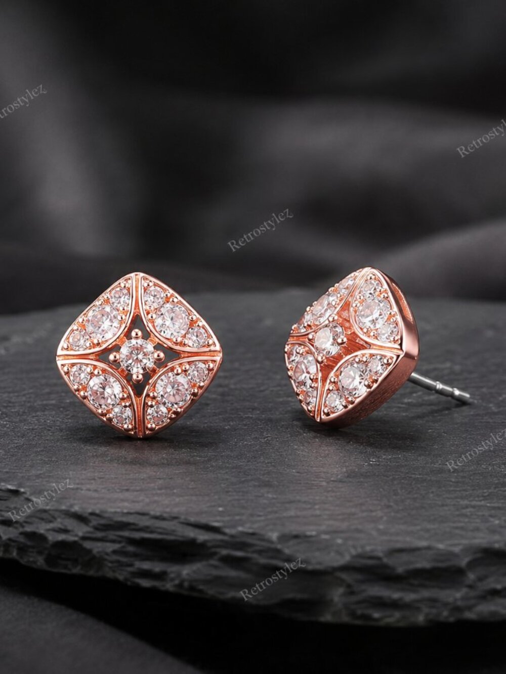 18K Rose Gold Mens Square 2ct Diamond Stud Earrings 18K Silver 1/2" Size Jewelry